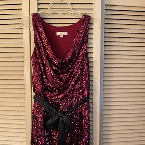 Very Red sequin tank dress with black detachable tie belt, Aidan Brand